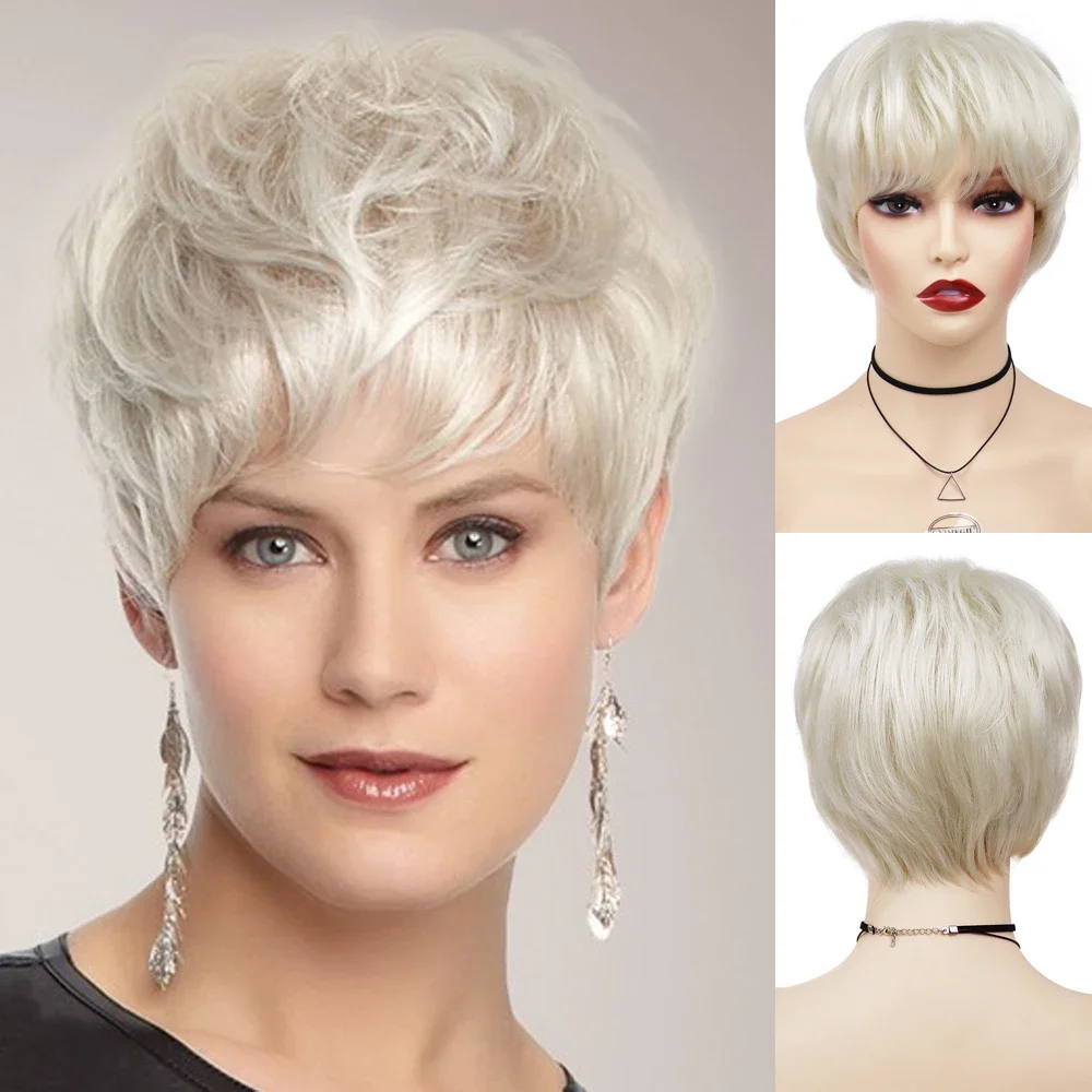 

GNIMEGIL Synthetic Hair Natural Short Wigs for Women Platinum Blonde Wig with Bangs Ladies Hairstyles Mom Wig Free Weaving Cap