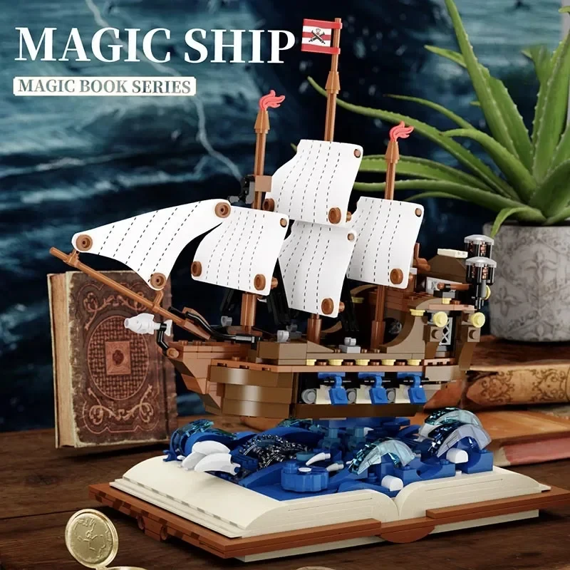 City 925PCS Retro Warship Magic Book Building Blocks Classic Pirate Ship DIY Boat Imperial Battleships Bricks Toys for Children