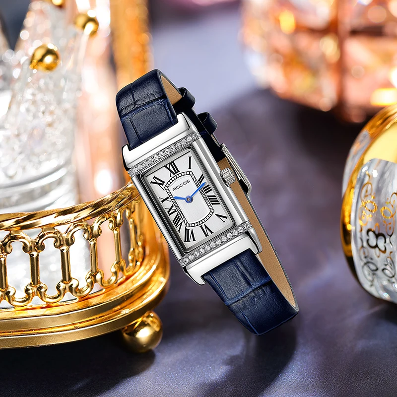 ROCOS Women's Quartz Watch, Silver Dial with Roman Numerals, Dark Blue Textured Strap-Stylish Women's Watch