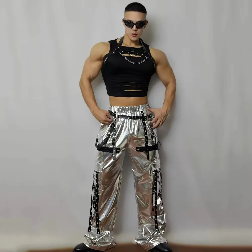 

Men's Red Leather Jazz Dance Set Wide Leg Pants Hip Hop Performance Costume Gogo Dancers Singers Nightclub Rave Stage Wear