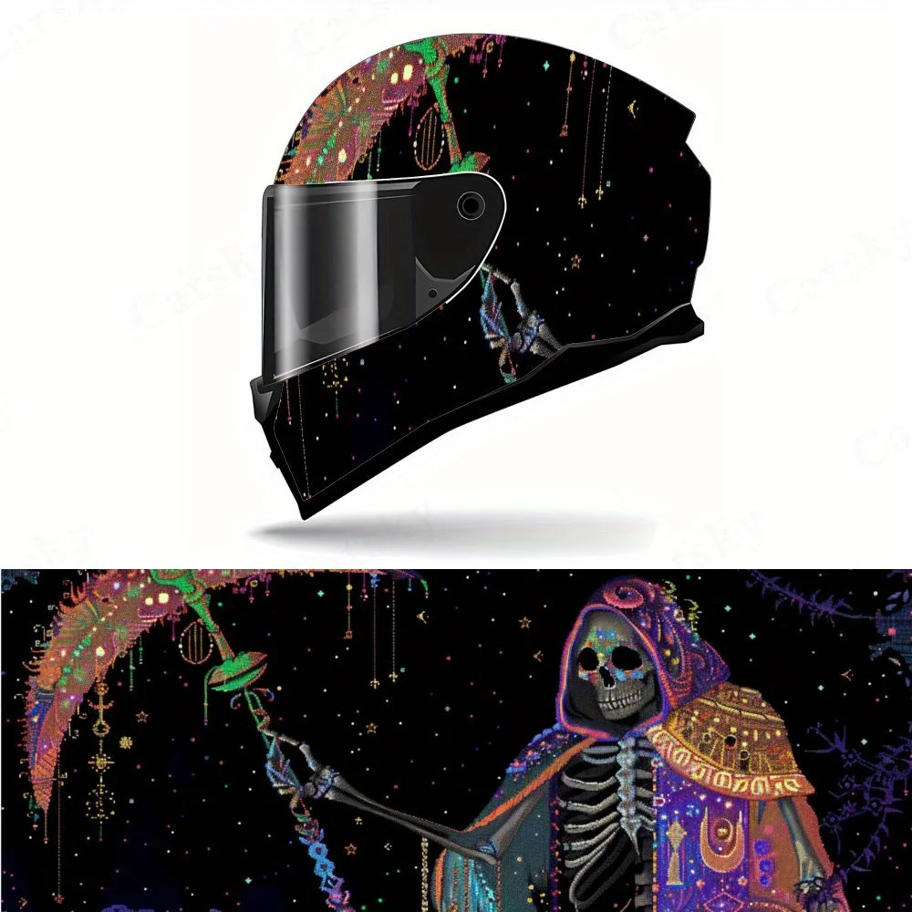 Neon - crânio brilhante na noite cósmica motocicleta vinil envolve decalque de capacete, decoração de capacete à prova d'água autoadesiva, motor universal
