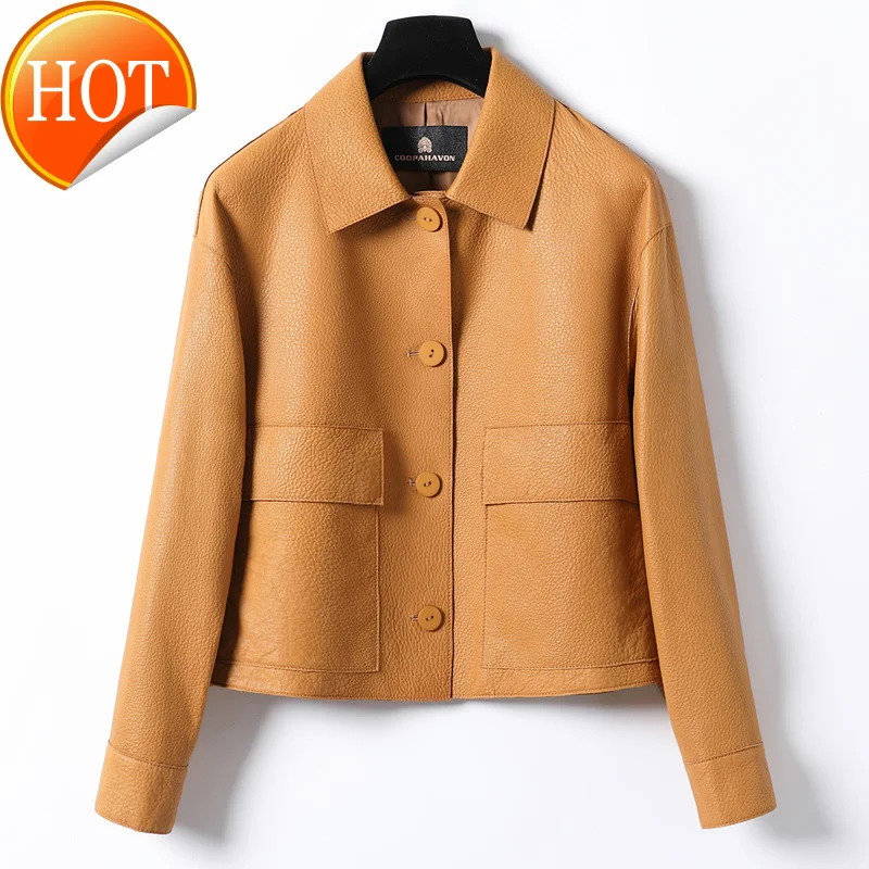 2023 Autumn New Leather Jacket Women's Sheep Leather Loose Fit Fashion Short Leather Square Collar