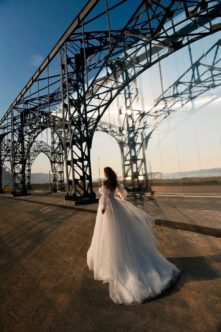 CloverBridal-vestido de novia de manga larga con hombros descubiertos, traje de tul con purpurina, línea A, lentejuelas, marfil, 2024, WW8267