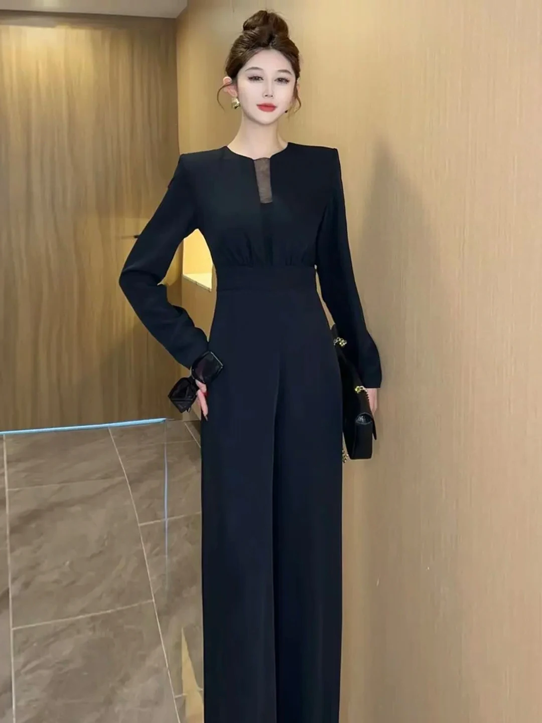 Damski kombinezon z wysokim stanem i szerokimi nogawkami, zestaw na jesień 2025, nowy, elegancki, do pracy, z włókna poliestrowego, długi garnitur ze spodniami.