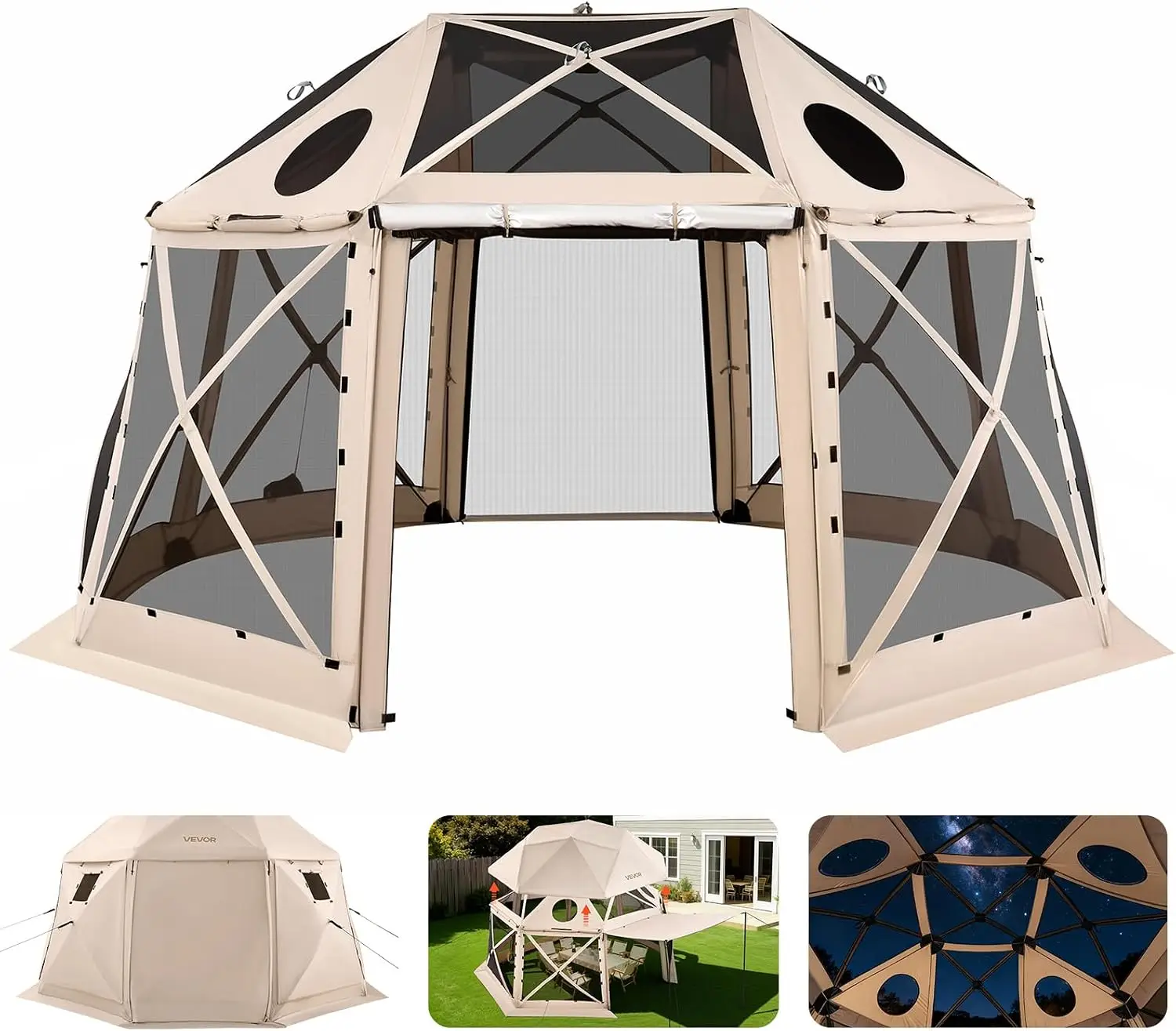 Pop up Gazebo Screen Tent, 15 x 15 ft, 13-Sided Spherical Camping Canopy Tent with Removable Top & Carry Bag, Quick-Set & Bite-P