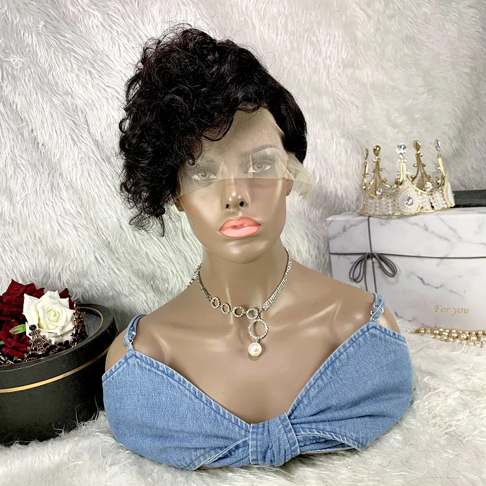 

Short Curly Pixie Cut Wig Human Hair Wear and Go Part Lace Wig Brazilian Human Hair Loose Curl Side Bangs Wavy Wigs for Women