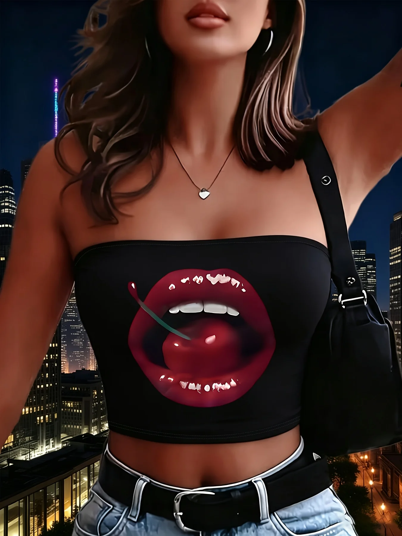 Retro 2000s Y2k Red Lips and Cherry Print Strapless Crop Top Vest Women's Sleeveless Tube Top 90s Harajuku Clothes Summer