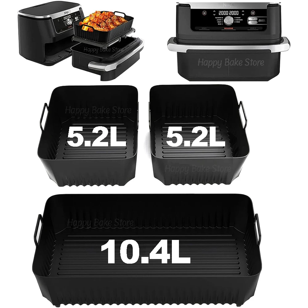 หม้อทอด Air fryer ซิลิโคนแบบใช้ซ้ำได้5.2L/10.4L ตะกร้าสำหรับอบในเตาเกรดอาหารไม่ติดภาชนะสำหรับ AF500UK ลิ้นชักคู่แบบยืดหยุ่นของ ninjafoodi