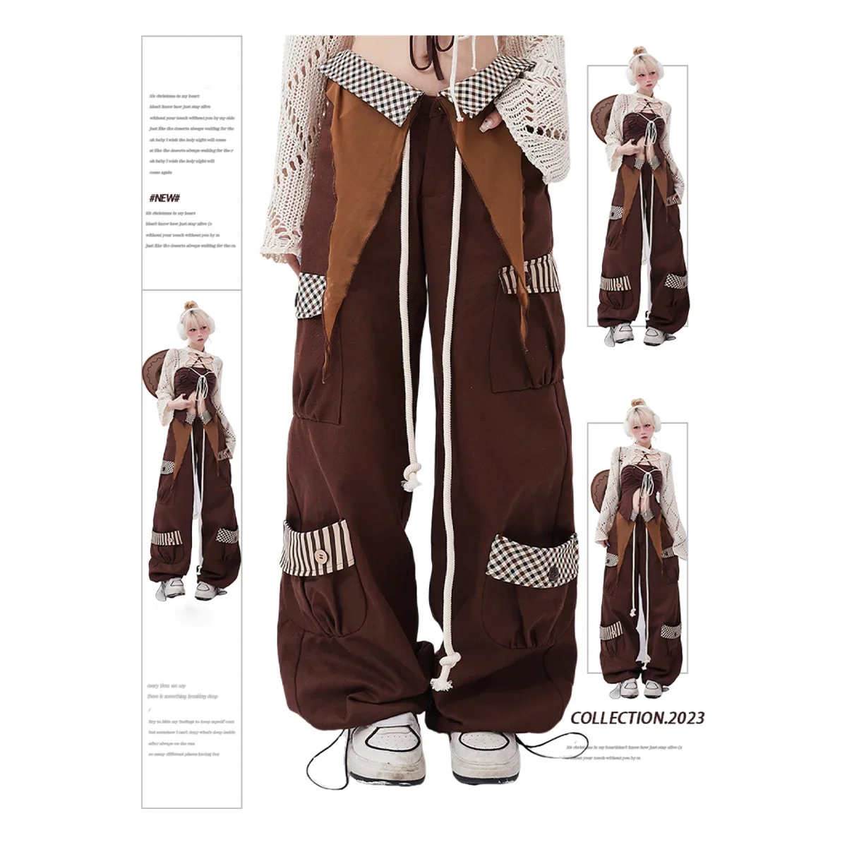 

Cotton overalls women's summer American retro creative multi-pocket oversize loose versatile pants tide