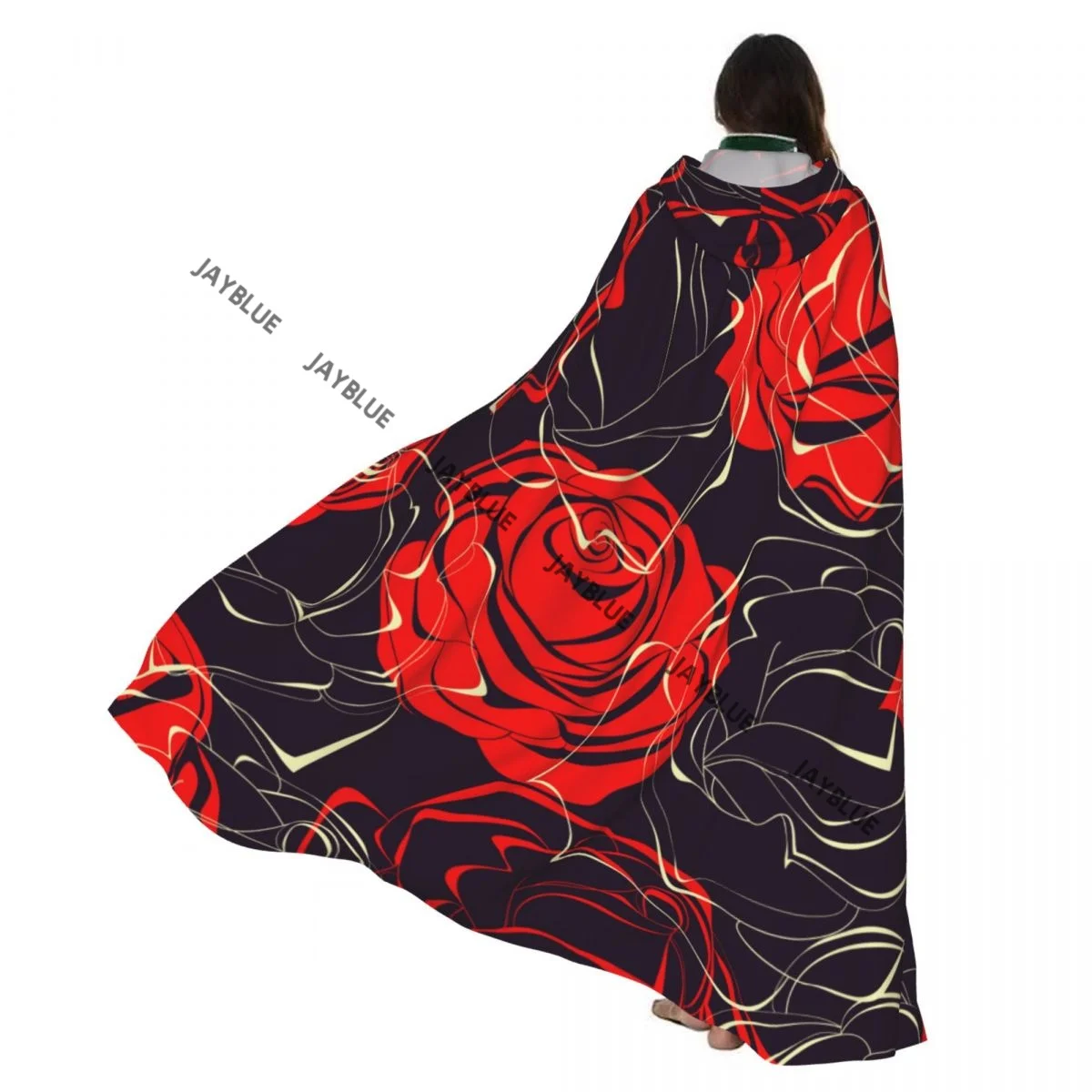 

Adult Cloak Cape Hooded Red Roses Over Dark Background Medieval Costume Witch Wicca Vampire Elf Purim Carnival Party