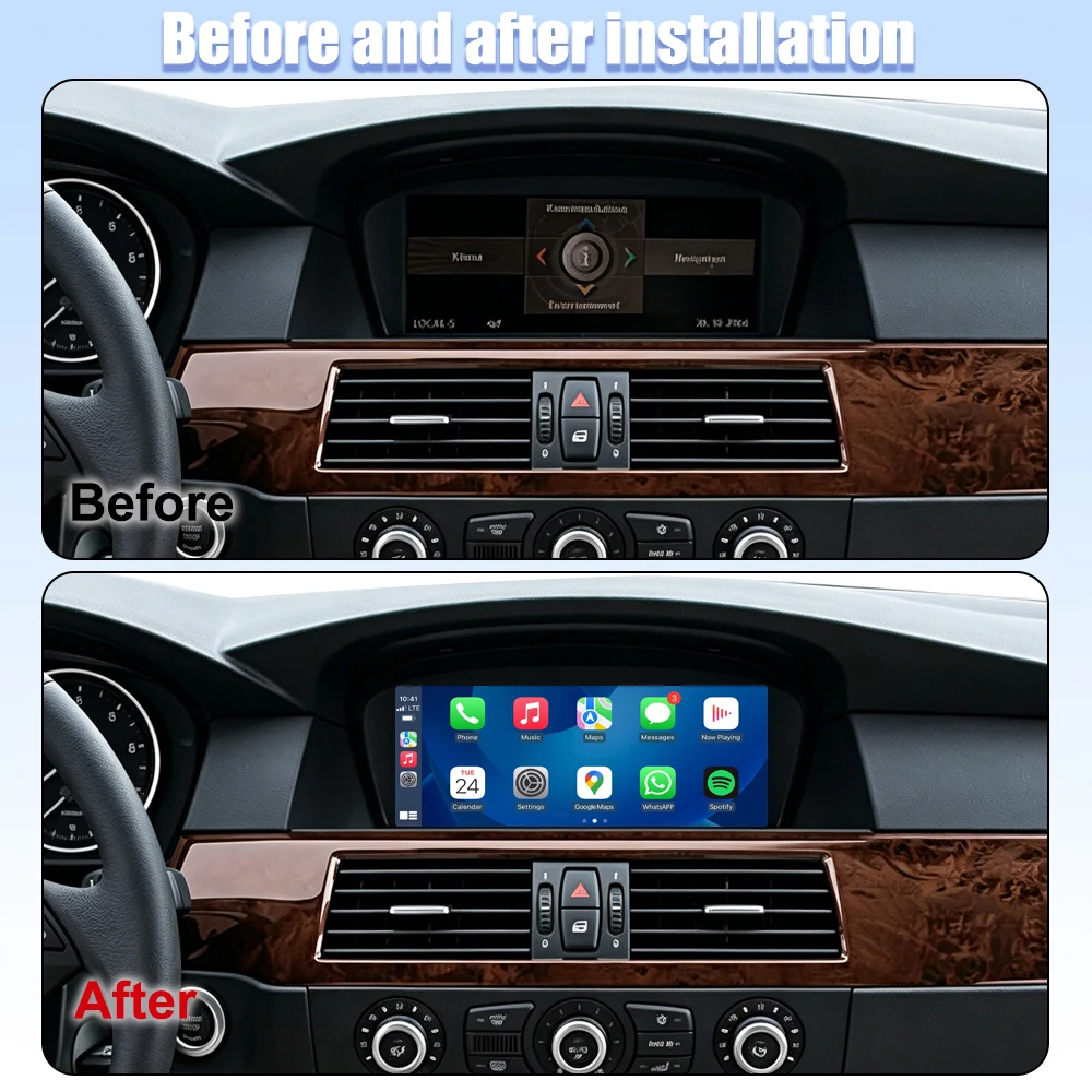 Radio de coche inalámbrico con CarPlay y Android Auto de 8.8 pulgadas para BMW Serie 3 y 5 E60 E61 E63 E64 E90 E91 E92 con sistema CCC CIC 2004-2012, sistema inteligente para coche, pantalla táctil multimedia inteligente con Bluetooth, navegación GPS, Autolink, Navi, Mirror Link, AirPlay.