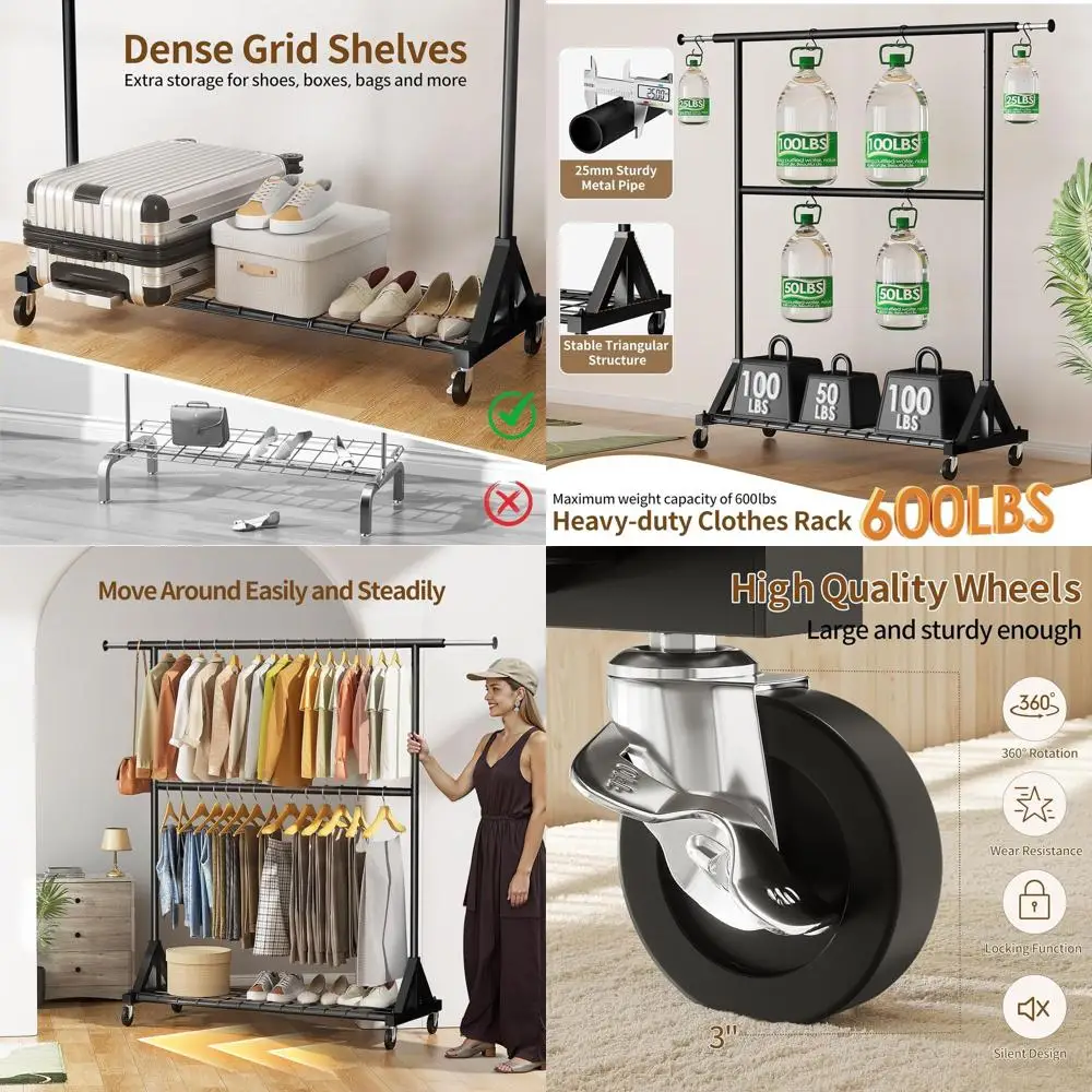 

Sturdy 600 lbs Capacity Double Rod Rolling Clothes Rack with Lockable Wheels, Adjustable Hanging Racks and Shelves, Black