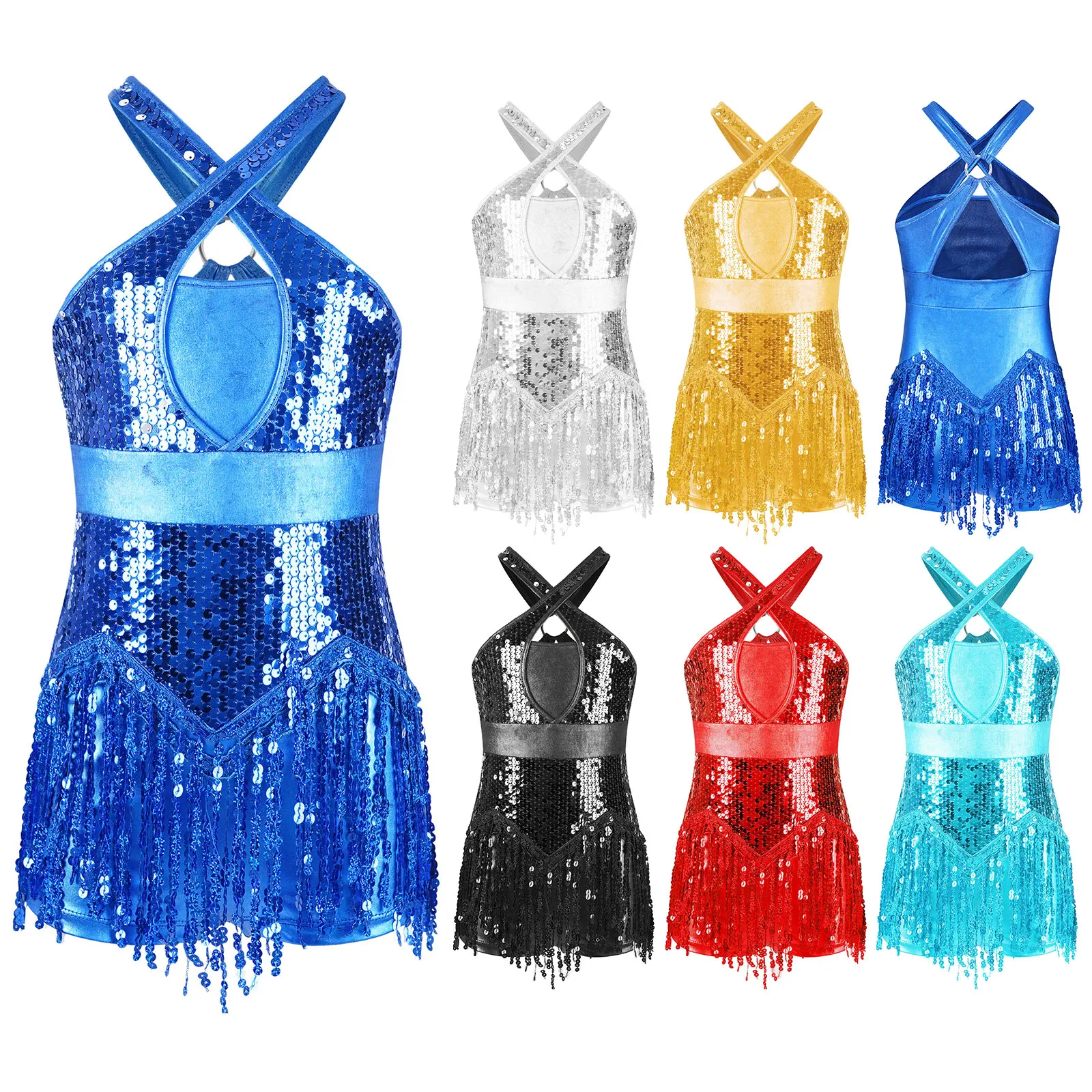 Kids Girls Cha-Cha Latin Dance Fringed Bodysuit Sparkly Sequins Tassel Leotard Performance Costume Tango Dancing Jazz Dancewear