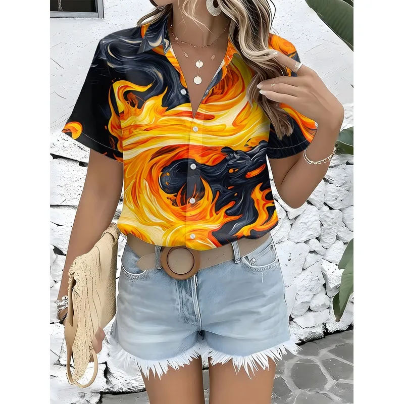 Women Casual Short Sleeve Button Up Shirt Flame Black Background Vibrant Pattern Fashionable Top Machine Washable