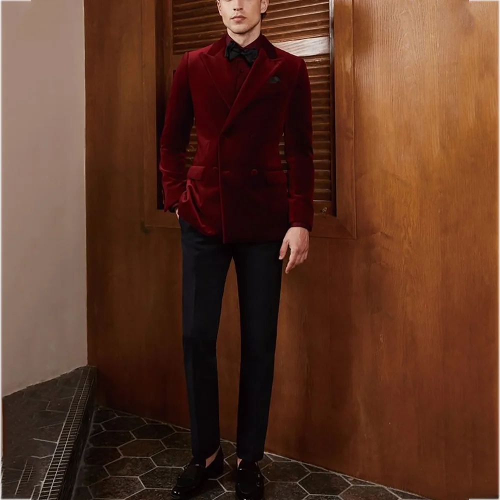 

British Style Velvet Suit Jacket Double Breasted Peak Lapel Men Suit Set Two Pieces Formal Evening Party Prom Male Clothing