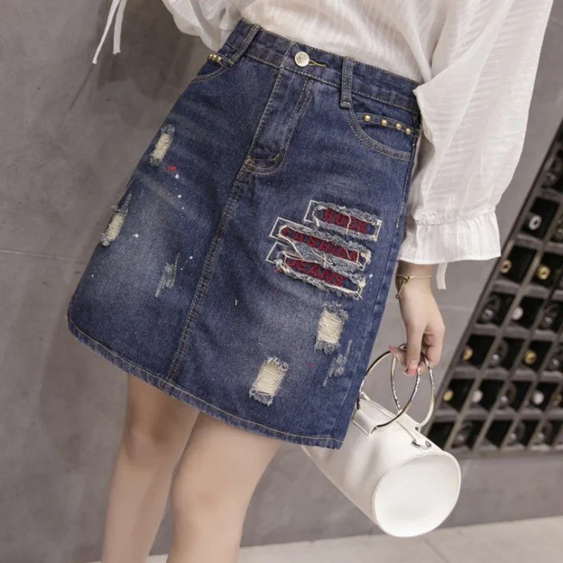 Cute Zipper Kawaii Midi Woman Denim Skirt High Waist Chubby Ripped Jeans Skirts for Women with Pocket Blue V Luxury Elegant Chic