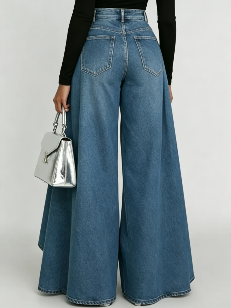 High Waisted Wide Leg Jeans For Women Asymmetrical Hem Loose Fit Denim Pants Streetwear Fashion With Pockets Casual Trousers