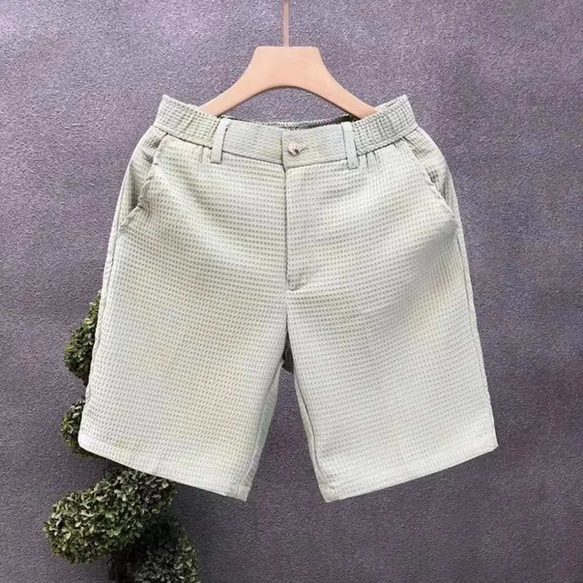 Herren-Shorts mit Karomuster, einfarbig, gerade geschnitten, Business- und Freizeithose, elastischer Bund, Knopfverschluss, locker geschnitten, knielang, lässige Kurzhose – Detail 11