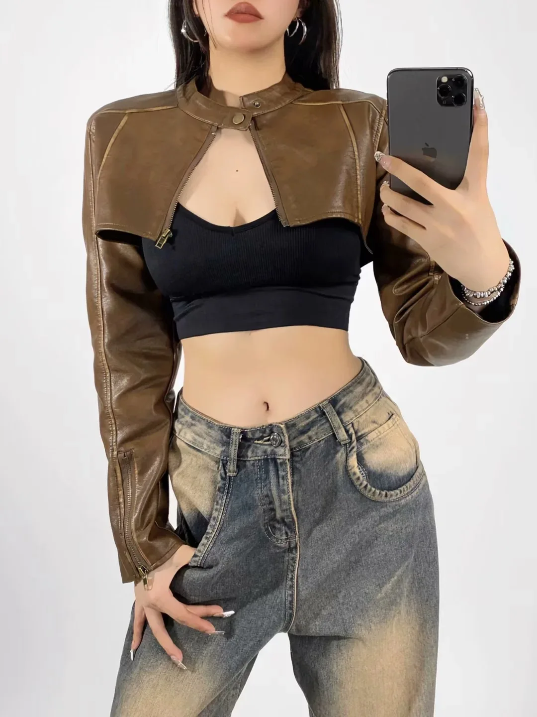 Women Biker style Long sleeve Co-ord Pu Faux Leather Maillader Brown Ultra Cropped Jacket