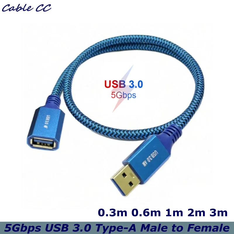 0.3m-3m 5Gbps USB 3.0 Type-A Male to USB3.0 A Female Extension Braided Cable Sleeve Blue for Disk SSD Camera Data