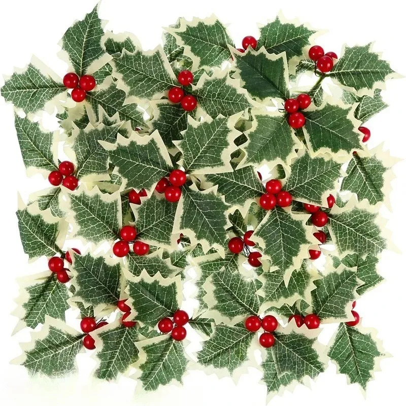 

Artificial Holly Berries With Green Leaves DIY Christmas Wreath Wedding Flower Gifts Xmas New Year Festival Decorations
