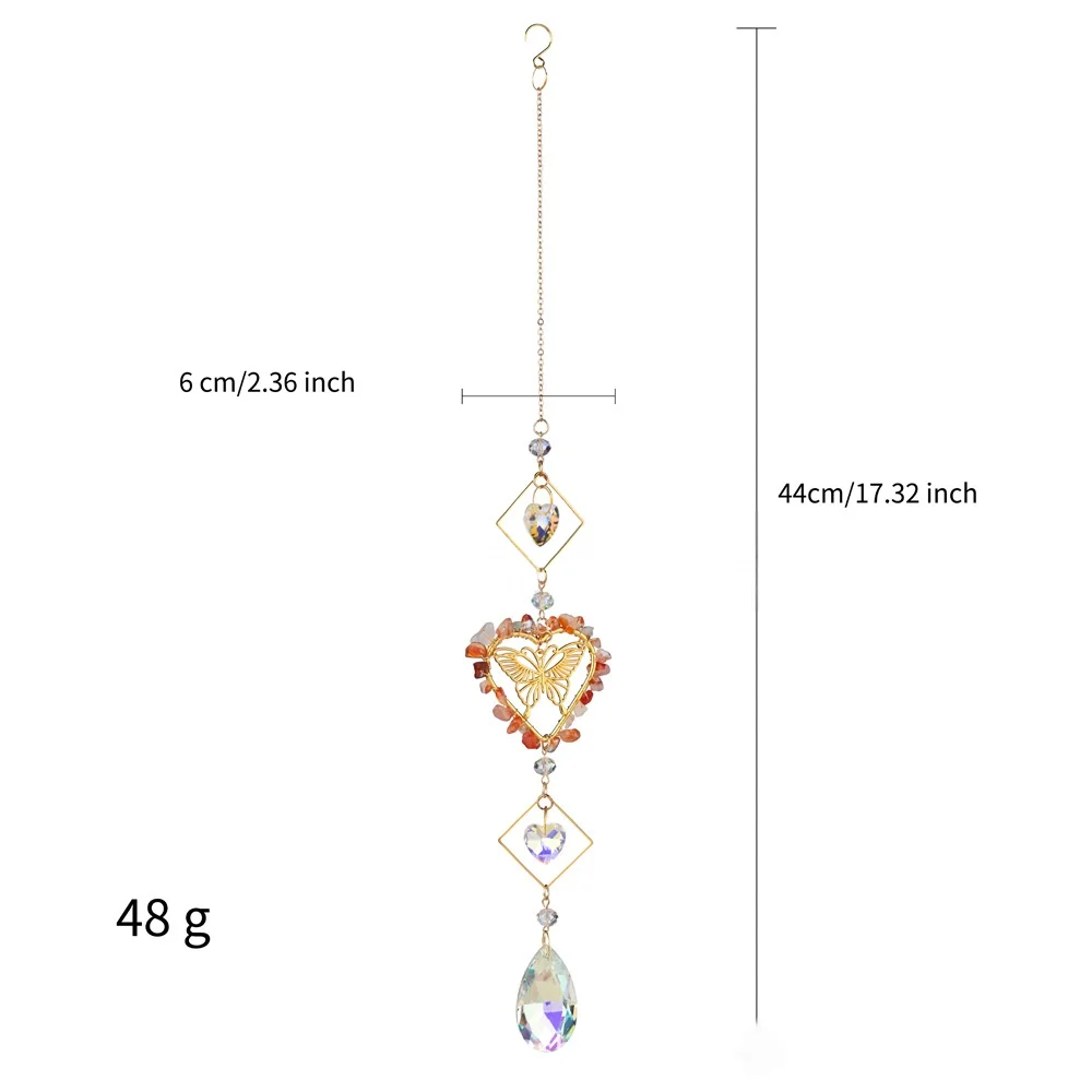 Natural Stone Heart Butterfly Crystal Sun Catcher, Rainbow Prism Hanging Suncatcher Pendant,Tassel Window Home Garden Decor Gift