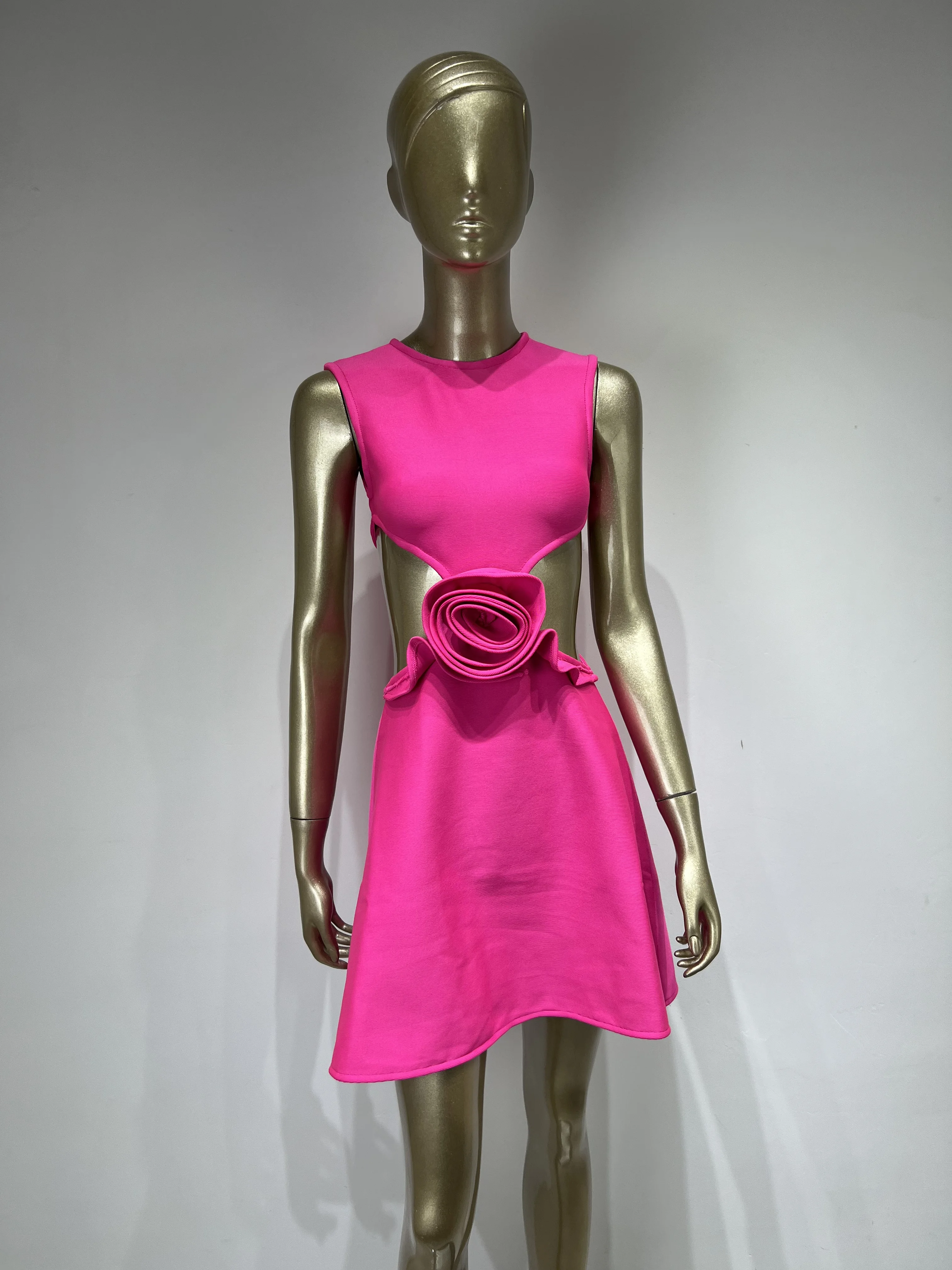 Women Summer Celebrity Sexy Sleeveless Flower Hot Pink A line Mini Bodycon Bandage Dress 2024 Elegant Evening Club Party Dress