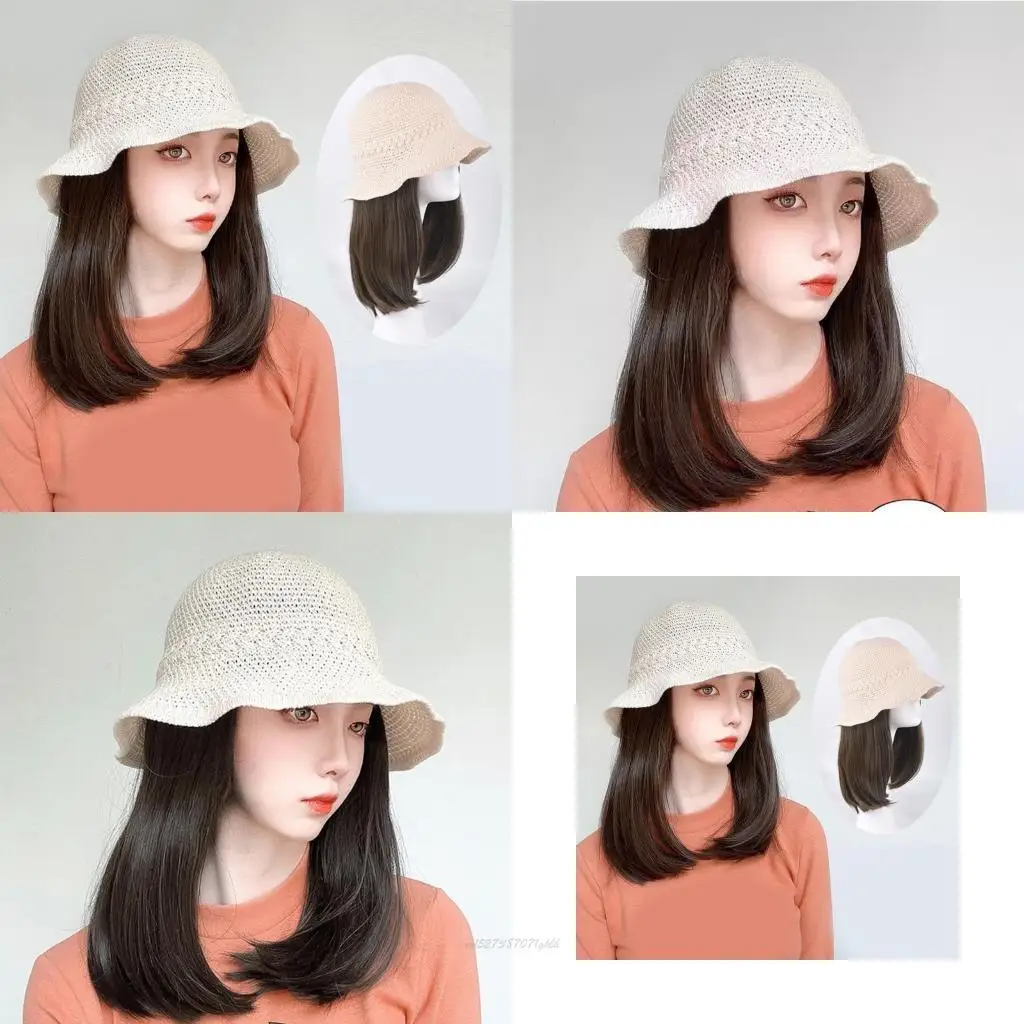 

X5XA Unique Hairpiece Bucket Hat Wavy Hair Extensions Synthetic Wigs Sun Hat for Women Curly Hair