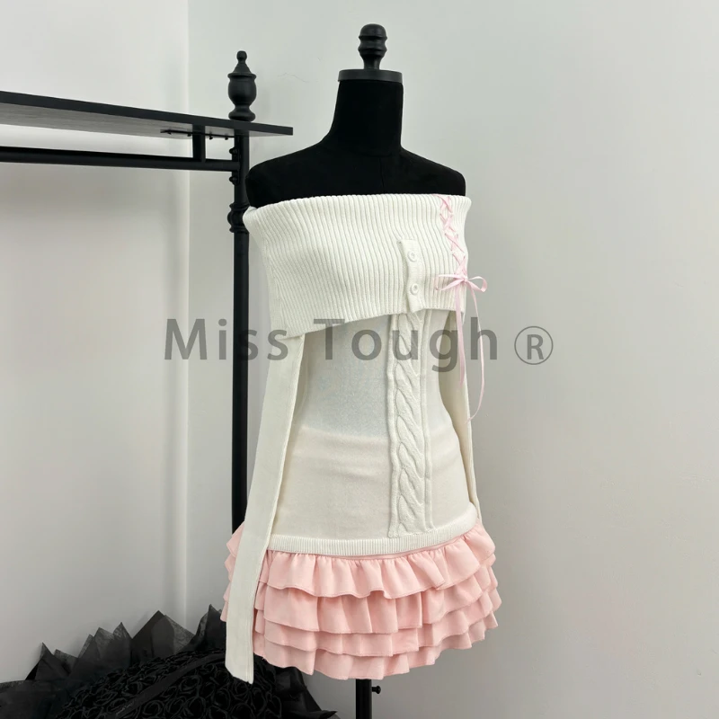 Autumn Winter Knit Vintage 2 Piece Sets Woman Lace-up Y2k Design Pullovers + Pink Pleated Chic Skit Female Slim Casual Sets 2024