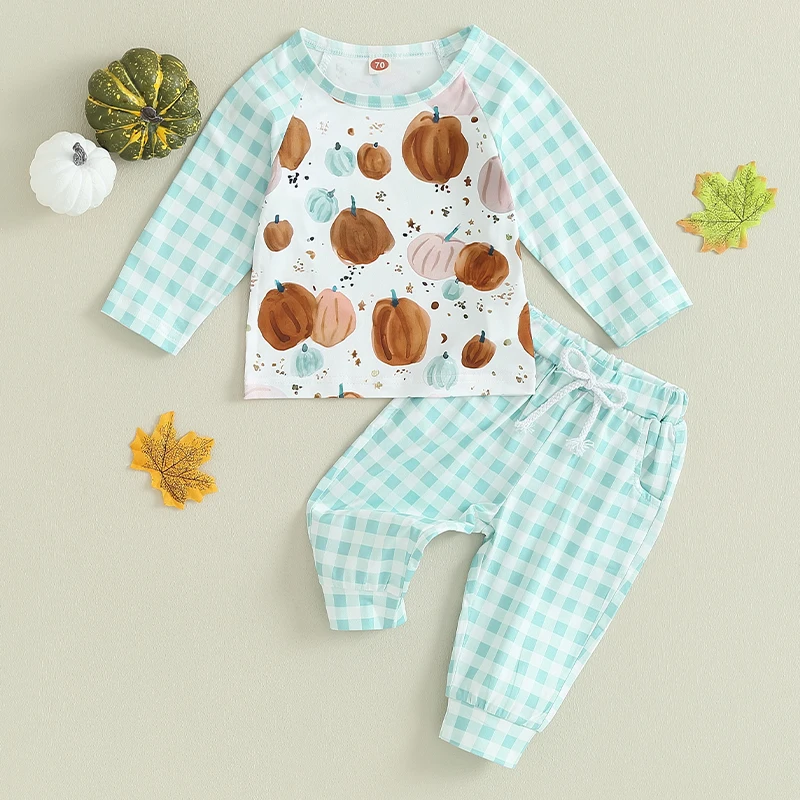 Toddler Baby Boys Pants Set Halloween Pumpkin Print Tops and Plaid Pants Outfits Newborn Infant 2 Piece Clothes Suits