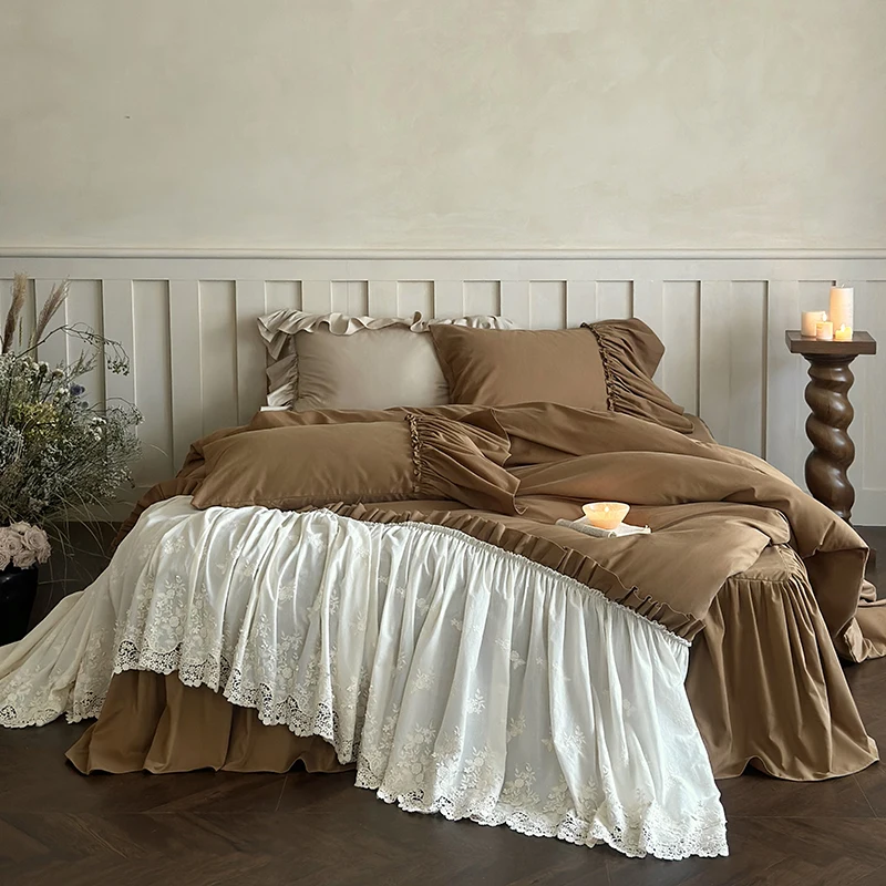 Egyptian Cotton Brushed French Princess Style Lace Ruffles Patchwork Bedding Set Duvet Cover Set Bedskirt Bedspread Pillowcases