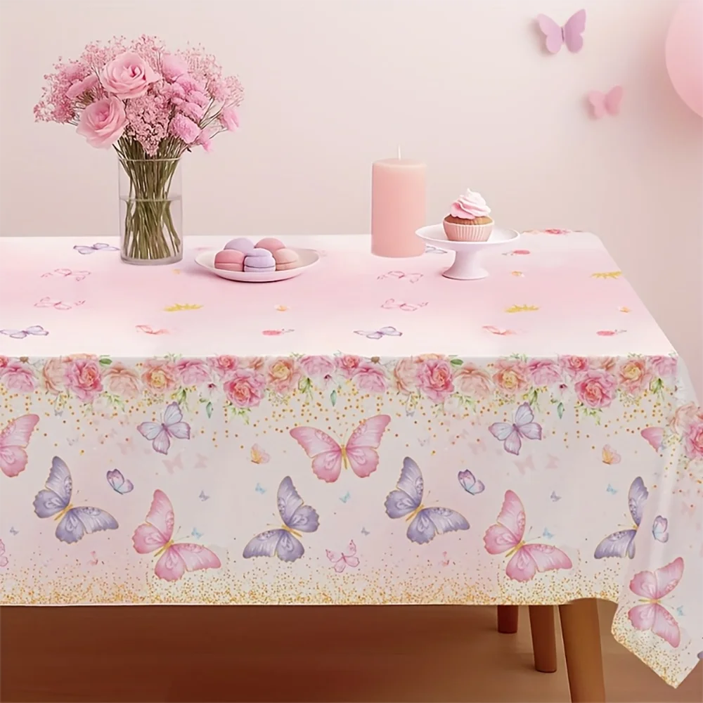 1pc  Pink Butterfly Floral Print Disposable Tablecloth, princess Party Decor Table Cover for Home Dinner Birthday Banquet
