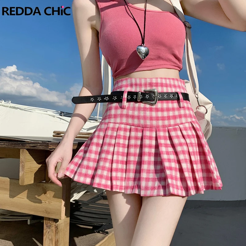 

ReddaChic Star Leather Belt Women Plaid Mini Skirt Kawaii Pink High Waist Pleated Skirt Lining Shorts School Uniform Jk Bottoms