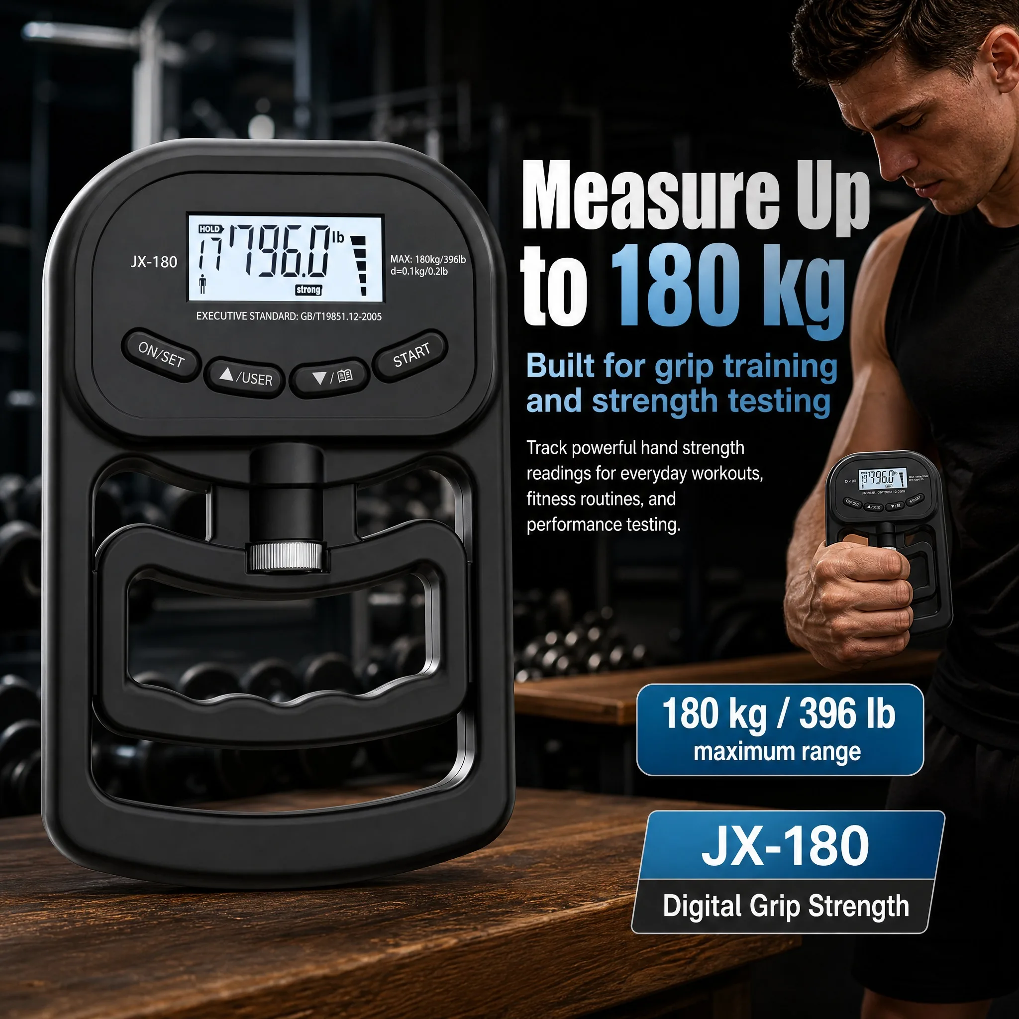 Electronic Hand Grip Dynamometer 180KG Max Adjustable Hand Strength Tester for Fitness & Rehabilitation