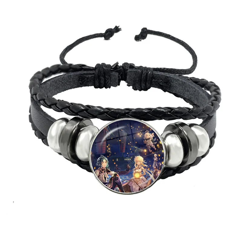 Game Genshin Impact Cosplay Prop Snap Button Bracelet Women Men Anime Jewelry Handmade Multilayer Black Punk Bangle Gift