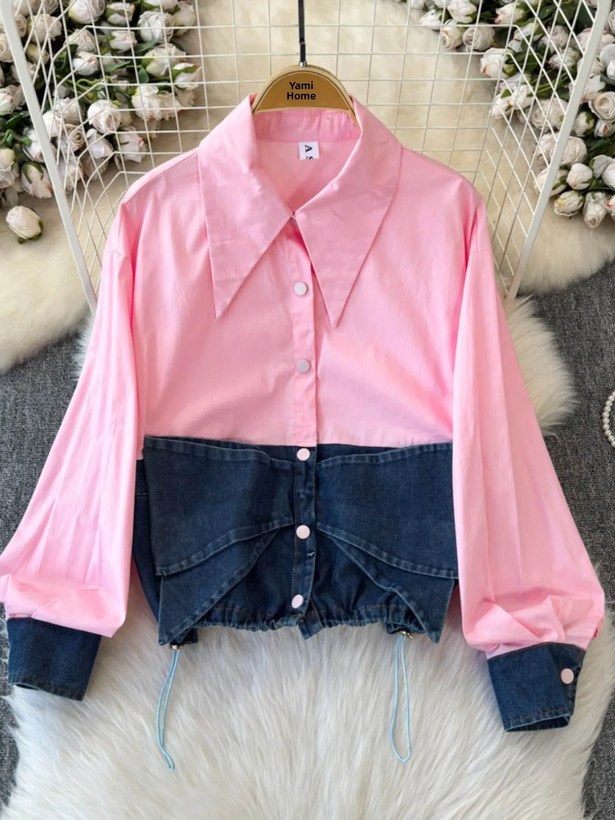 

Slimming Effect Long Sve Denim Patchwork Design Knot Fitted irt Korean Sle Commute Pure Color Collar