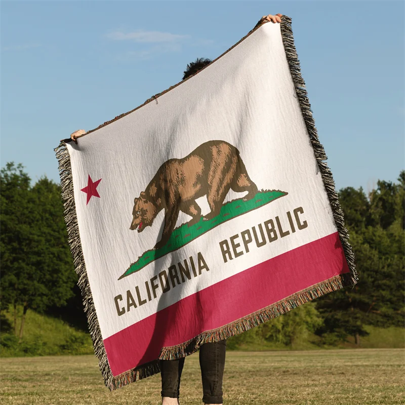Gaslight Gatekeep Girlboss California Bear Flag United States of America Jacquard Fringed Woven Throw Blanket