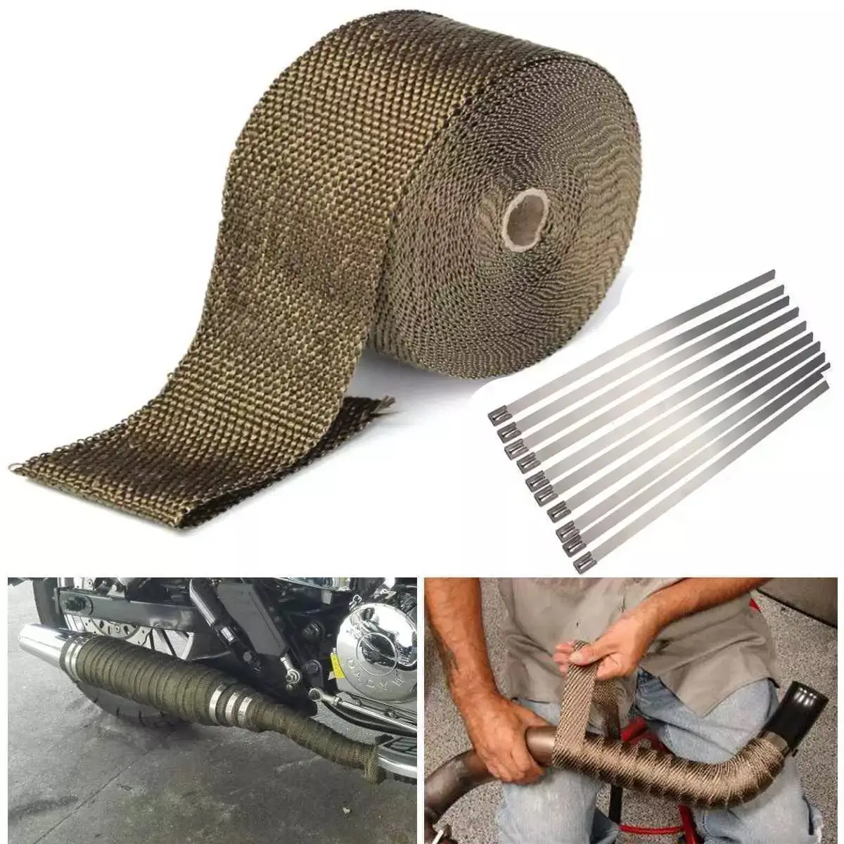 

10M Motorcycle Exhaust Thermal Tape Header Heat Wrap Manifold Insulation Roll Resistant with Stainless Ties