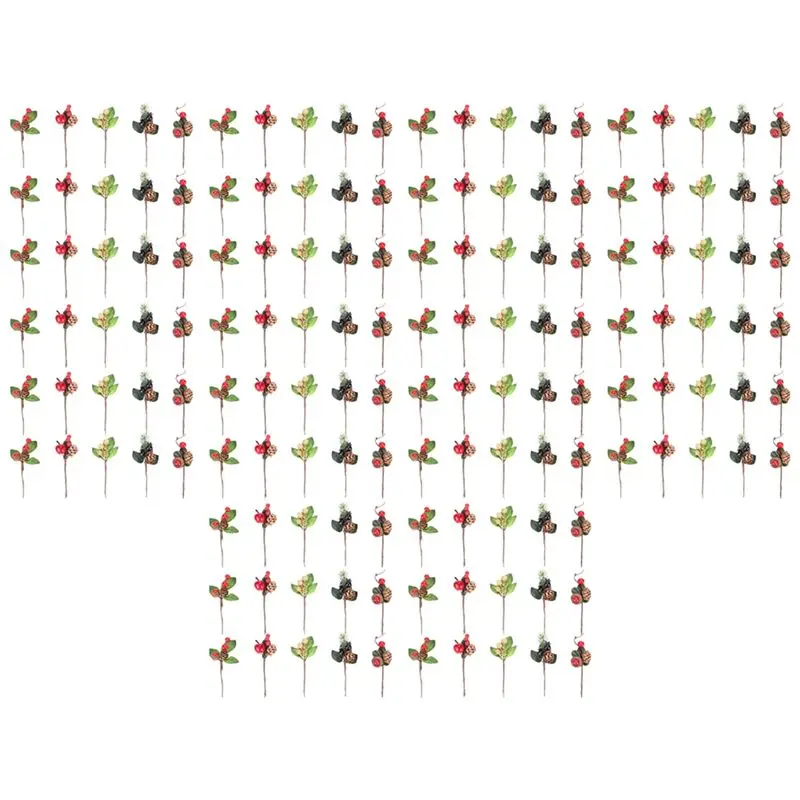 

ABRE-150Pcs Red Christmas Berry And Pine Cone Picks With Holly Branches For Holiday Floral Decor Flower Crafts