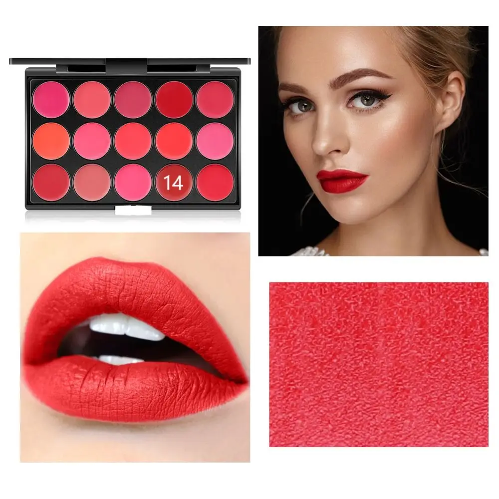 Niet-Plakkerig Cup Mat Lippenstift Palet Met Spiegel Waterdichte Hydraterende 15 Kleuren Lipgloss Palet Nude Rode Lippen Make-Up Tool