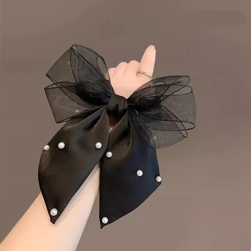 10PCS/LOT Korean New Pearl Mesh Bow Hair Accessory Scrunchies High-end Hair Tie Elegant Ponytail Hair Rribbon Scrunchies