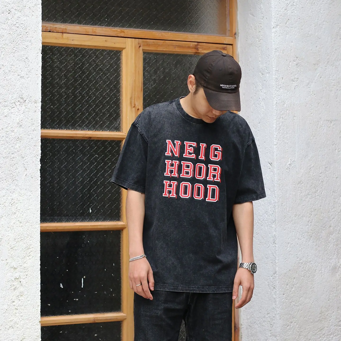 NEIGHBORHOOD NBHD Heavy‑Weight Washed Pure Cotton Small Crew Neck Short‑Sleeve T‑Shirt Vintage Printed Loose Unisex Casual Tops