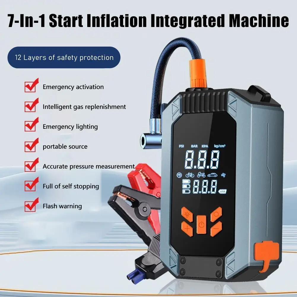 7-in-1 Auto Intelligent Emergency Start Power Supply 12V USB Phone Fast Charger LED Digital Display Headlights Tire Car Air Pump