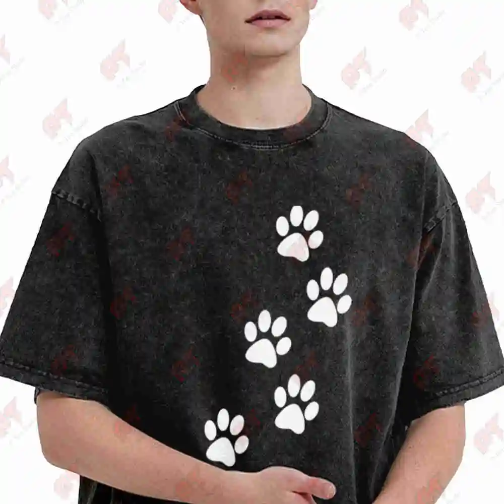 Black Paw Print Dog Bone Collar Vintage Washed Tee Pure Cotton T-Shirt