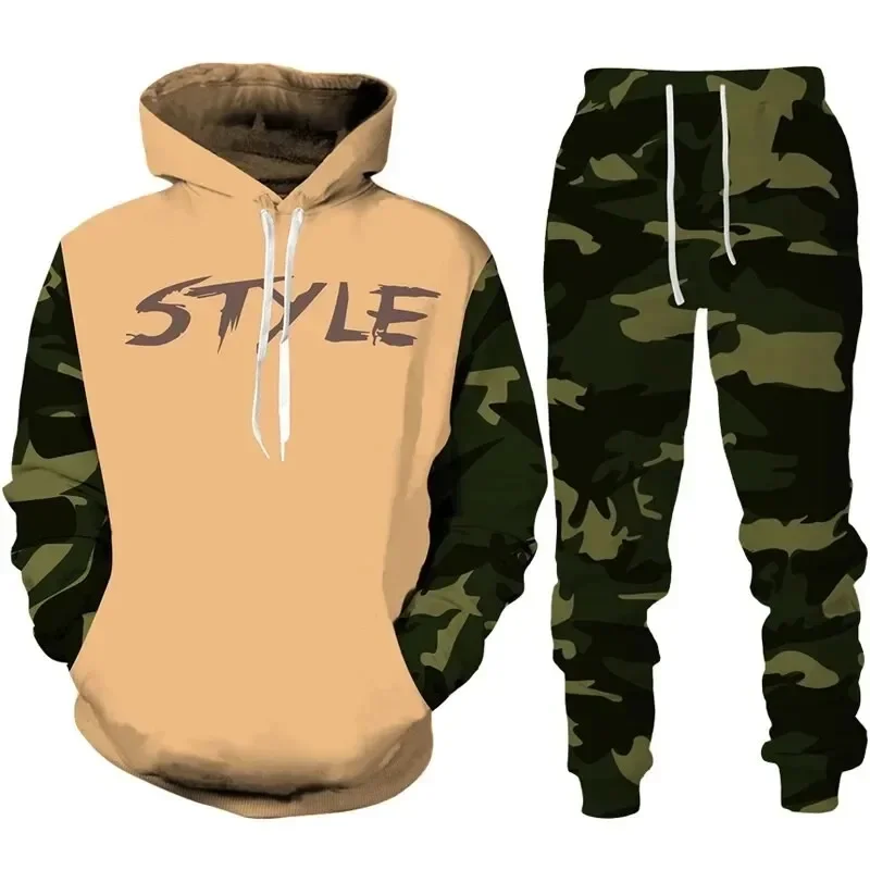 Camuflagem com capuz 3d impresso conjunto de roupas esportivas masculinas com capuz + calças conjunto de 2 peças de fitness ao ar livre roupas esportivas casuais masculinas