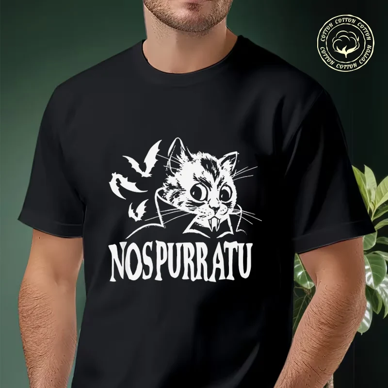 Men T-shirt High Quality Funny Cotton Nos-purr-atu Vampire Kitty Cat Gothic Motorcycle Casual Cool Loose O-neck Male For  Tees