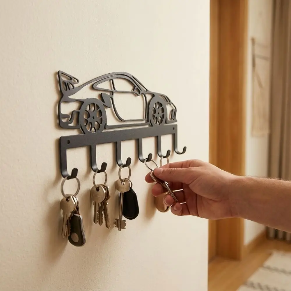Black Minimal Metal Car Key Holder Wrought Iron Industrial Style Sports Car Storage Hooks Pre-Drilled Holes Sturdy 6 Hooks