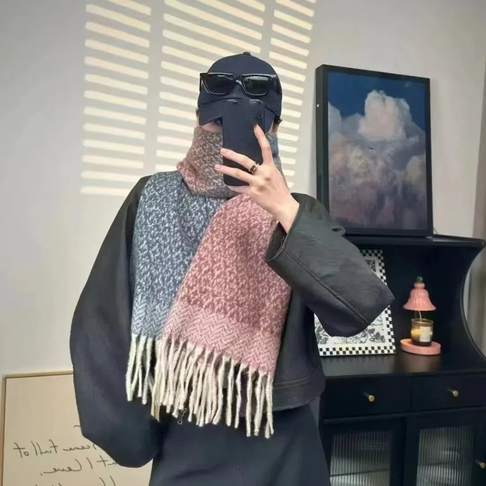 

Large Acrylic Fibres Gradient Knitted Scarf Long Soft Contrast Colored Thick Shawl Warm Stole Double-sided Tassel Scarf Spring