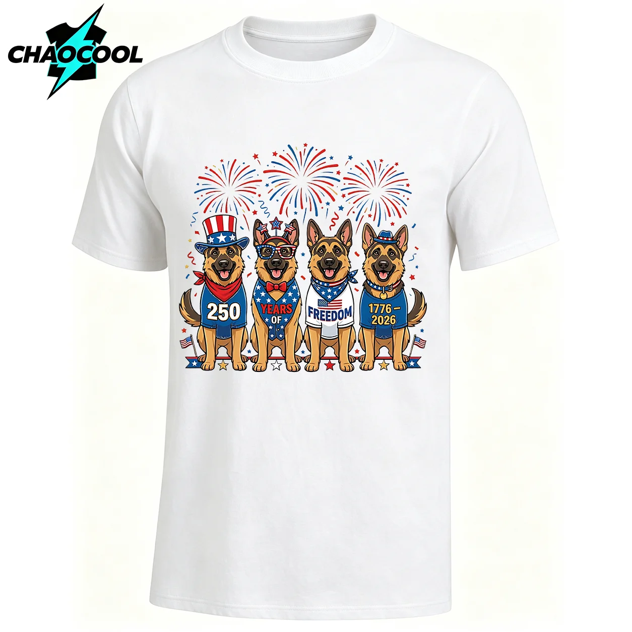 July 4th Patriotic German Shepherd Pattern T-Shirt, 250 Years of Freedom Fireworks Print, Short-Sleeve Crew Neck Cotton Top