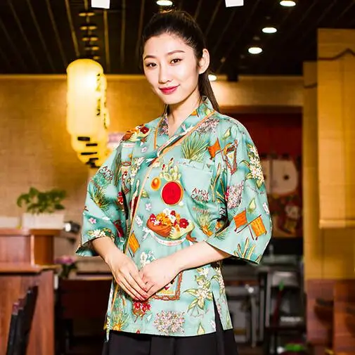 Women Chef Shirt Japanese Cuisine Uniform Sushi Kimono Cooking Jacket Spring Work New